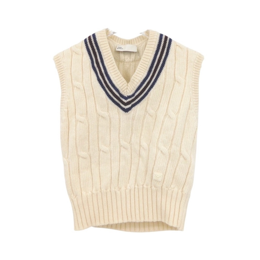 Tory Burch Cable Knit Sweater Vest Cream Ivory V Neck Striped Wool Blend